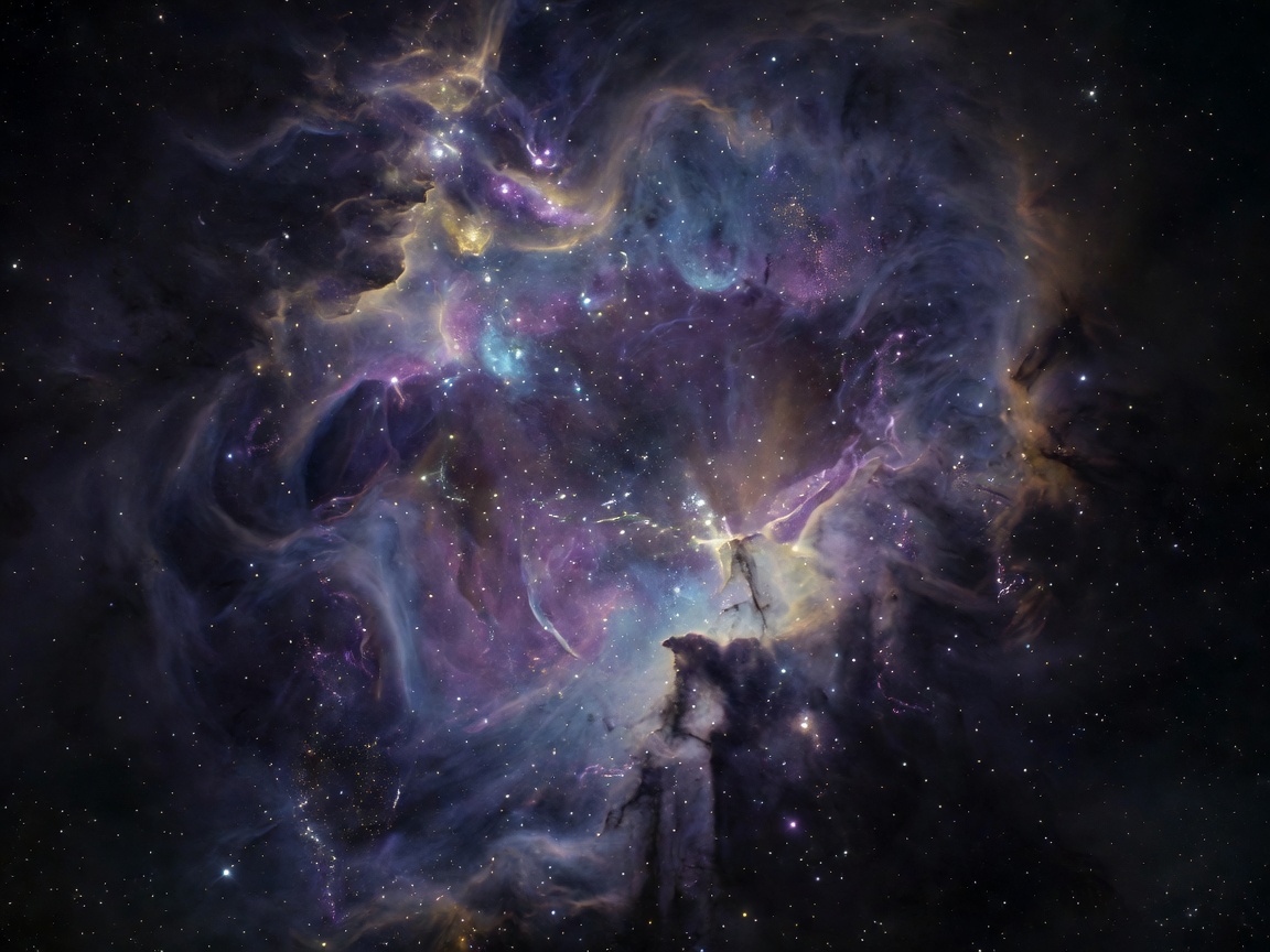 A fun colorful vector landscape of deep space with swirling cartoon nebula clouds and bright star dust particles