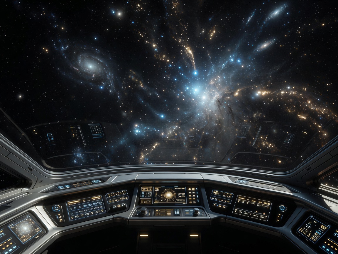Futuristic spaceship dashboard looking out into bright galactic clusters and systems
