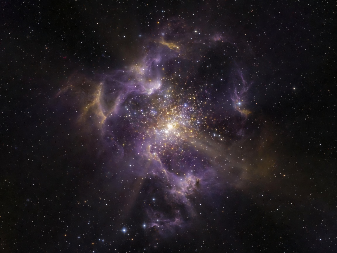 Starry galactic cluster in deep cosmos shining gold and purple light