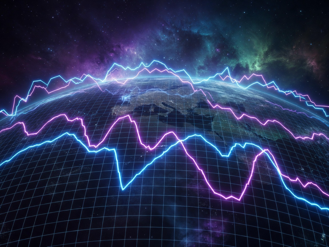 A bright cartoon style grid and telemetry chart featuring glowing neon bars and retro computer visual indicators